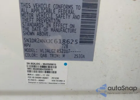 2018 Nissan Pathfinder Sl from USA, damaged, VIN 5N1DR2MNXJC618625